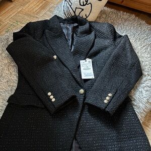 Zara Black Textured Blazer with Gold Buttons